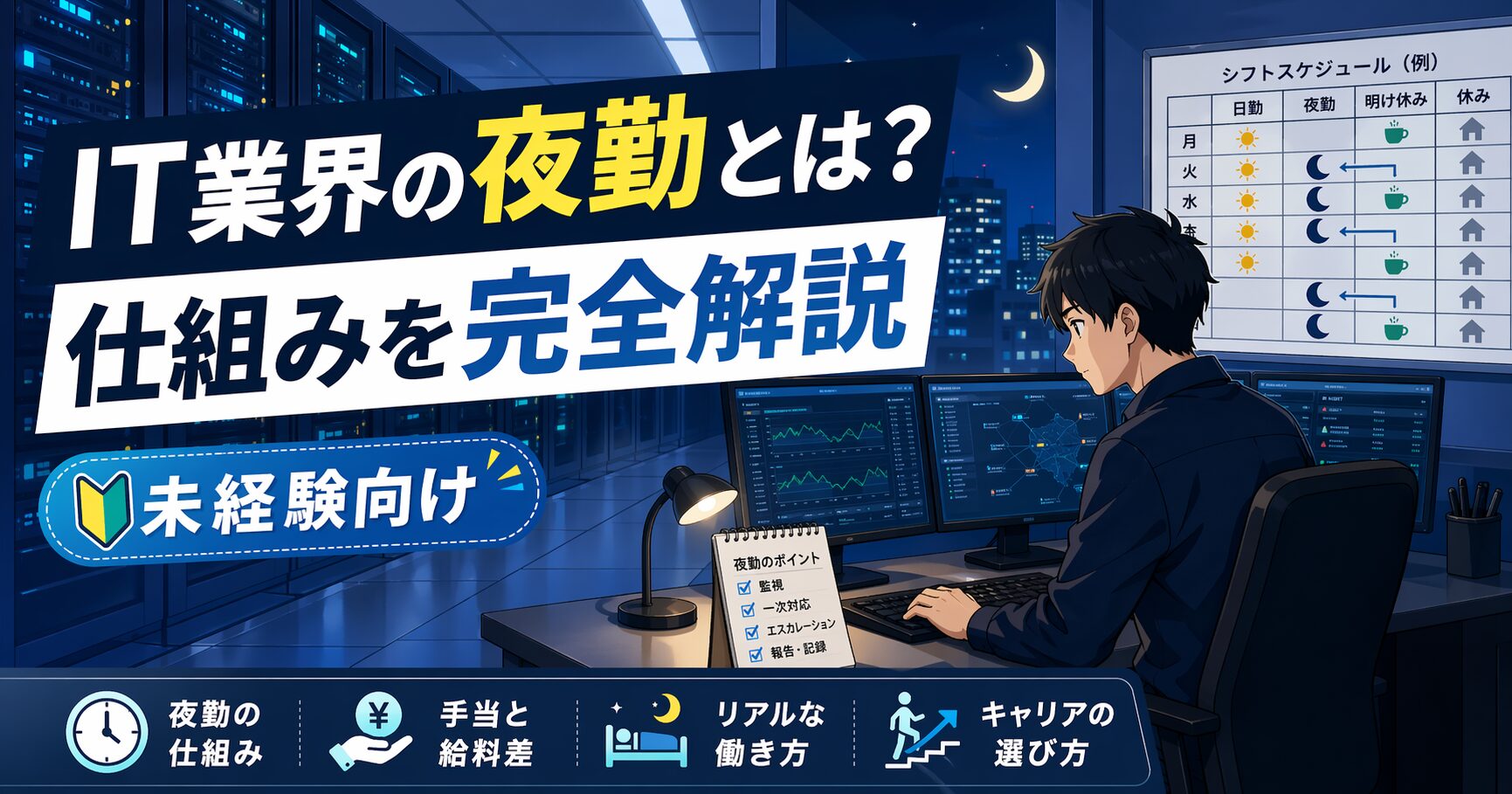 IT業界の夜勤の仕組みを解説するアイキャッチ