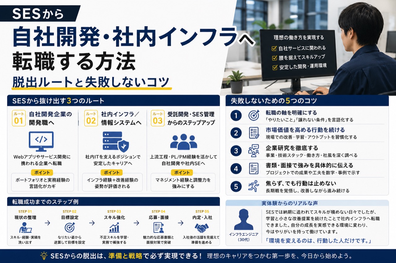 SESから自社開発・社内インフラへ転職する方法|脱出ルートと失敗しないコツ 8 ses dasshutsu jisha kaihatsu tenshoku eyecatch