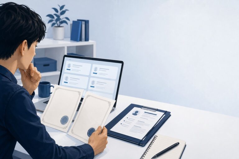 ITパスポートと基本情報技術者の資格を転職準備に活用する人物のイラスト