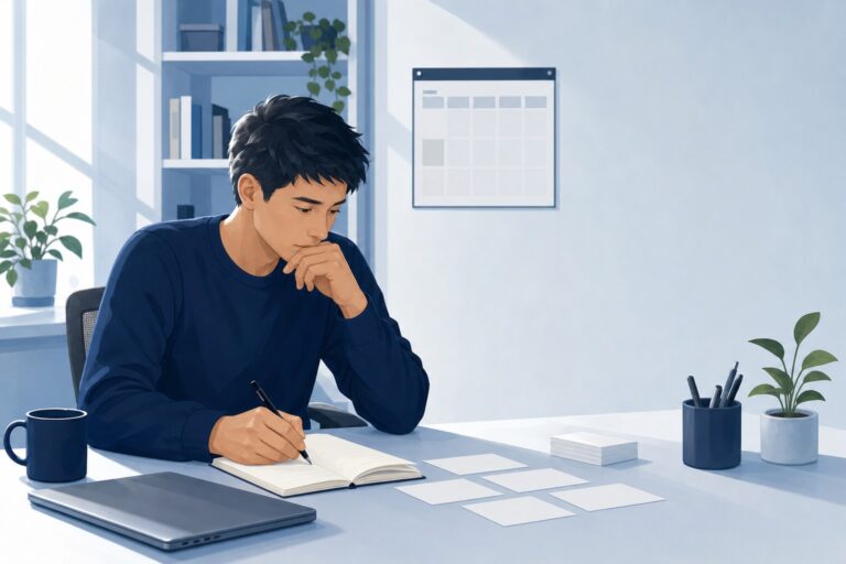 未経験IT転職の面接準備を見直す人物とノートのイラスト